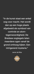 Quote van Javier: “In de kunst staat een enkel oog voor macht. Het wordt dan op een hoge plaats afgebeeld als symbool van controle en alomtegenwoordigheid. De Bredase oogtegels laten meerdere ogen vanaf de grond omhoog kijken. Een intrigerend mysterie.” 